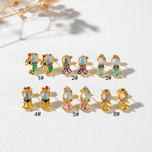 1 Pair Cute Sweet Mermaid Plating Inlay Copper Zircon 18K Gold Plated Ear Studs