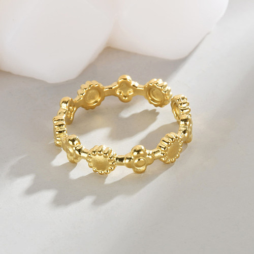 Anéis abertos banhados a ouro 14K com flor retrô irregular flor de aço inoxidável