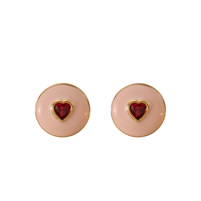 Brincos de anéis de zircônia com incrustação de esmalte de cobre em formato de coração estilo clássico