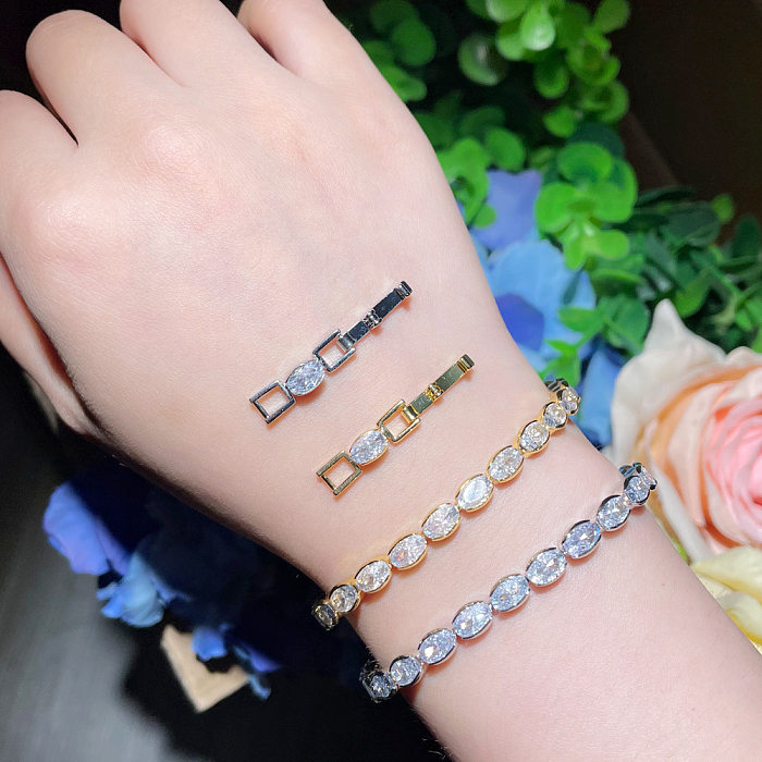 IG Style Simple Style Shiny Oval Brass Plating Inlay Zircon 14K Gold Plated Rhodium Plated Tennis Bracelet