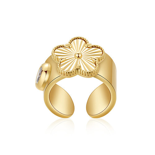 Retro Lady Water Droplets Flower Butterfly Copper Plating Inlay Zircon 18K Gold Plated Wide Band Rings