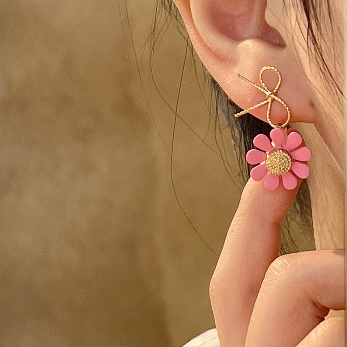 1 Pair Simple Style Flower Patchwork Copper Drop Earrings