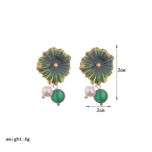 1 Pair IG Style Retro Flower Enamel Pearl Plating Copper 18K Gold Plated Drop Earrings