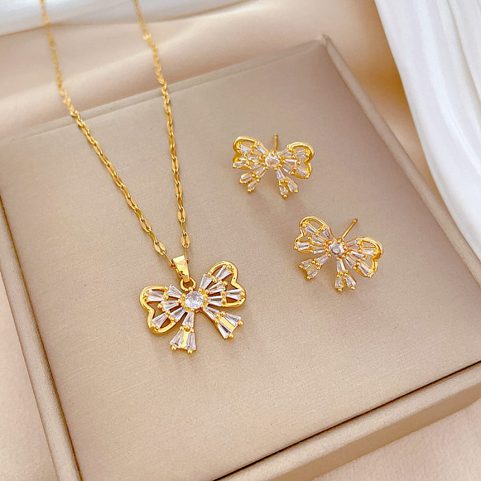 Sweet Bow Knot Titanium Steel Plating Inlay Zircon Earrings Necklace