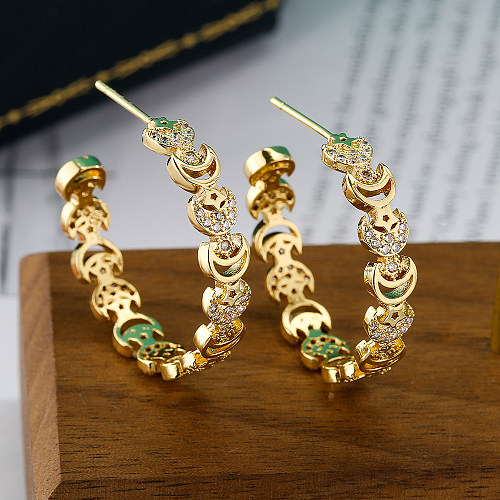 Aogu Pendientes en forma de C de moda de lujo asequibles Pendientes geométricos de luna y estrella de circón de oro de 18 quilates con personalidad de nicho femenino