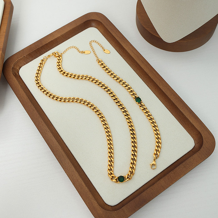 Retro-luxuriöse Damen-Armband-Halskette mit geometrischer Titan-Stahlbeschichtung, Inlay-Zirkon, 18 Karat vergoldet