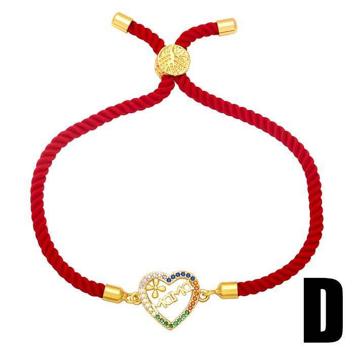 Copper 18K Gold-plated Inlaid Zircon Mama Heart Flowers Red Rope Bracelet