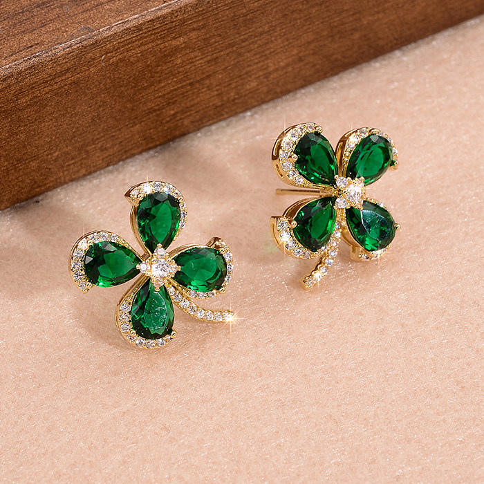 1 Pair Elegant Shiny Four Leaf Clover Plating Inlay Copper Glass Zircon 14K Gold Plated Earrings