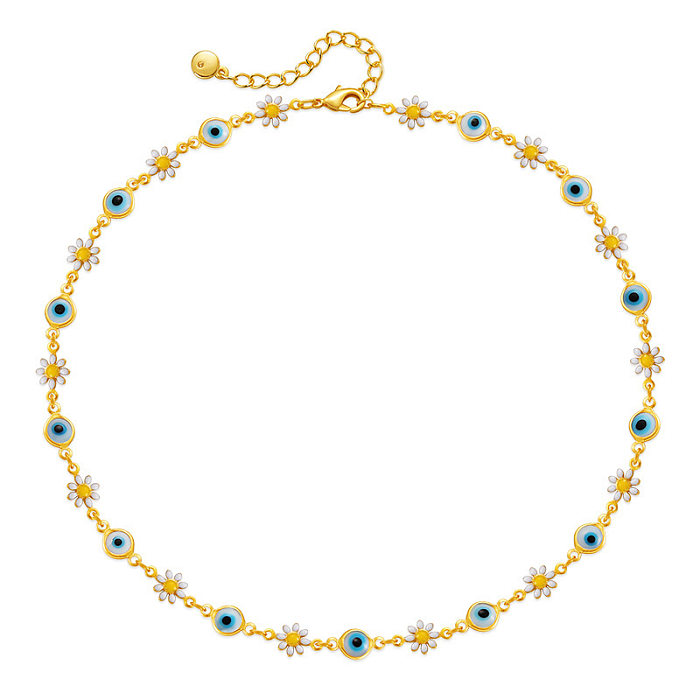 Elegant Vacation Eye Daisy Copper Enamel Plating 18K Gold Plated Necklace