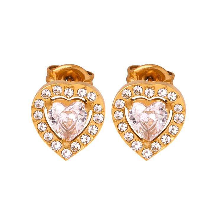 Luxuoso brilhante geométrico formato de coração titânio chapeamento de aço incrustação strass pedra de vidro 18k brincos banhados a ouro colar