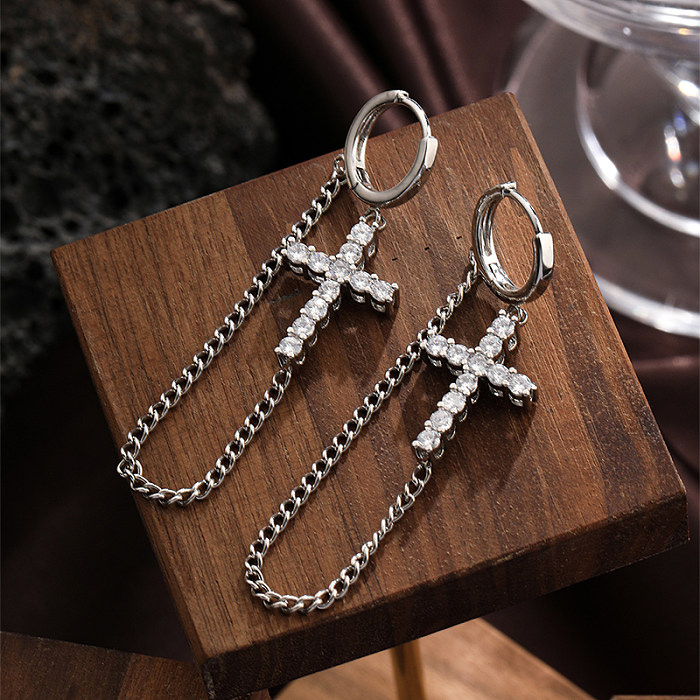 1 Pair Simple Style Cross Plating Chain Inlay Copper Zircon Silver Plated Drop Earrings