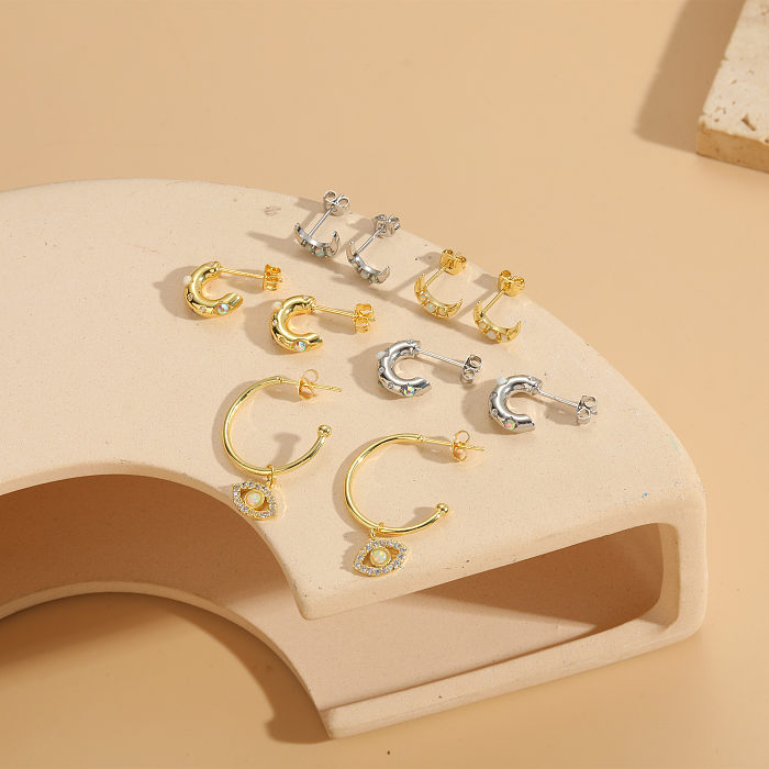 1 Pair IG Style Simple Style C Shape Eye Plating Inlay Copper Artificial Gemstones Zircon 14K Gold Plated Earrings