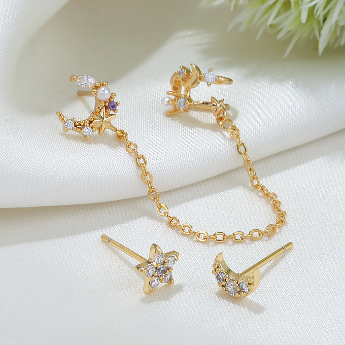 Fashion Star Moon Quaste Kupfer Inlay Künstliche Perlen Zirkon Ohrringe 3-teiliges Set