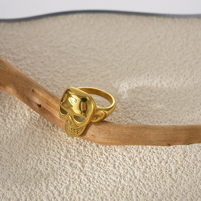 Anéis banhados a ouro exagerados e engraçados estilo moderno caveira com revestimento de aço inoxidável