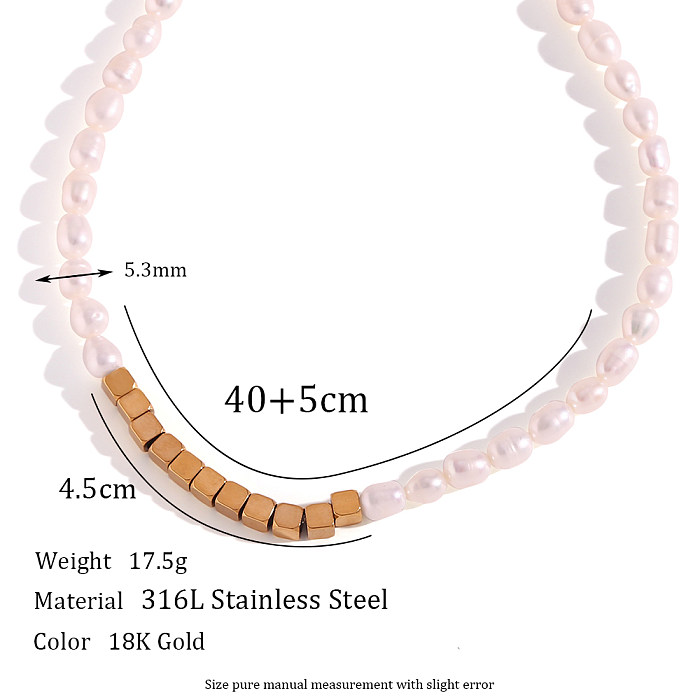 Collier de bracelets plaqués or 18 carats avec perles d'eau douce carrées en acier inoxydable de style classique