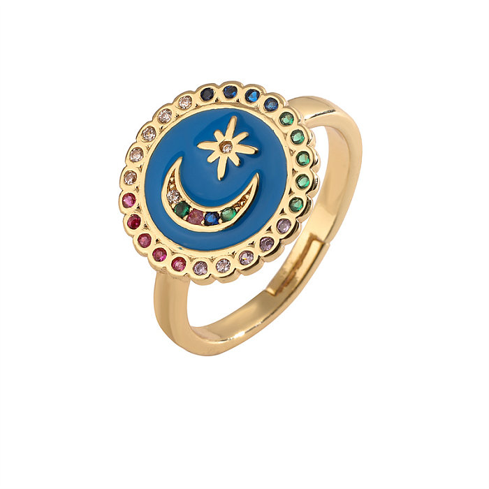 Luxuoso geométrico estrela lua cobre esmaltado embutido zircão anéis abertos banhados a ouro