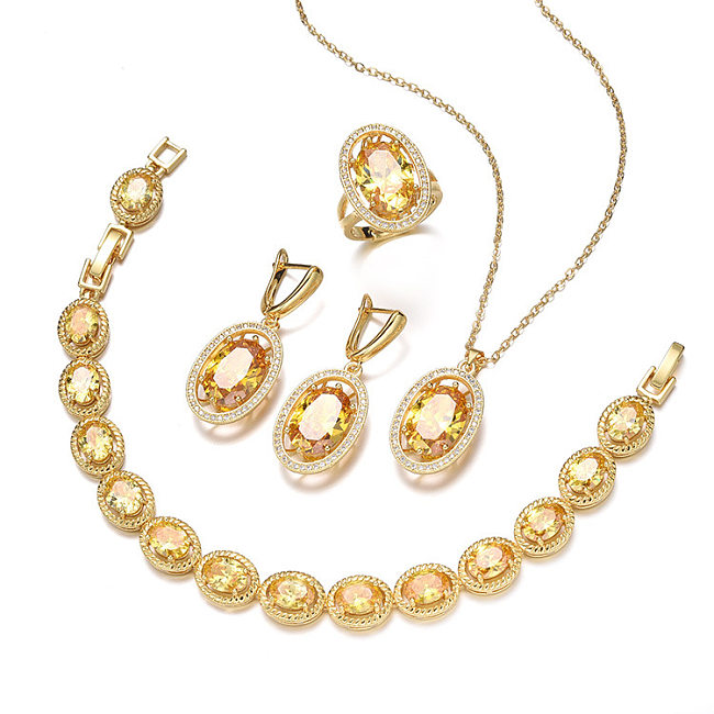 Retro Oval Brass Inlay Zircon Rings Earrings Necklace