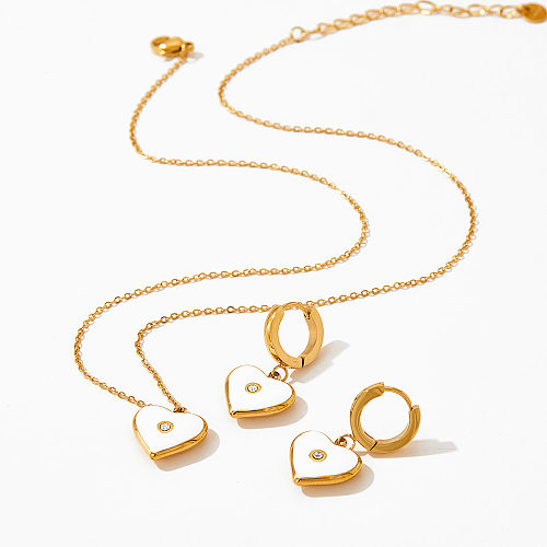 Simple Style Heart Shape Stainless Steel Inlay Rhinestones Earrings Necklace