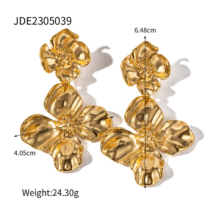 Retro Solid Color Flower Stainless Steel Plating 18K Gold Plated Earrings Necklace