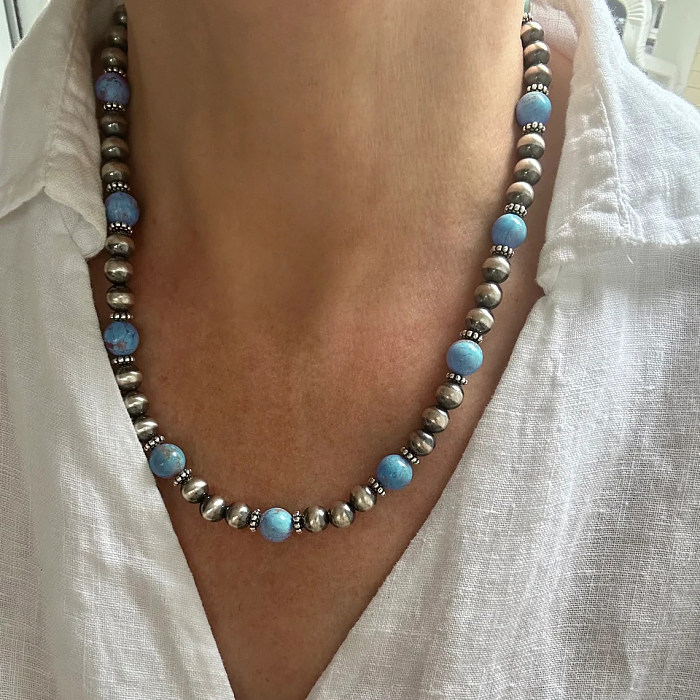 Style Vintage géométrique en acier inoxydable en plastique Turquoise perles argent plaqué boucles d'oreilles collier