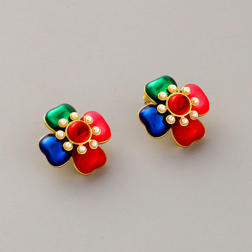 1 Pair Classic Style Flower Inlay Copper Pearl Ear Studs