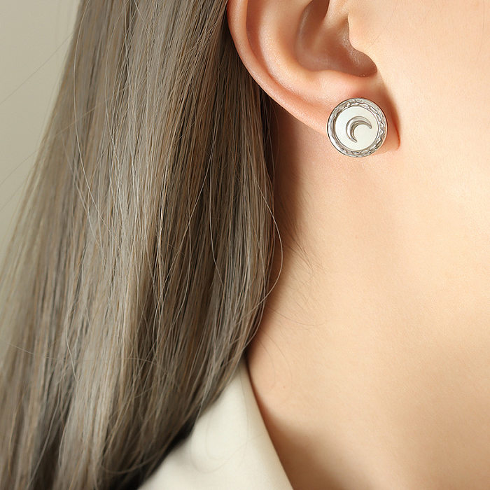 Retro Round Moon Titanium Steel Inlay Shell Bracelets Earrings Necklace