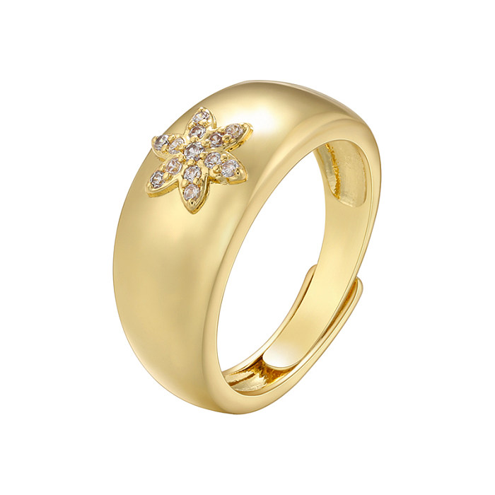 Lässiger, schlichter offener Ring mit Schneeflocken-Messingbeschichtung und Zirkoneinlage, 18 Karat vergoldet