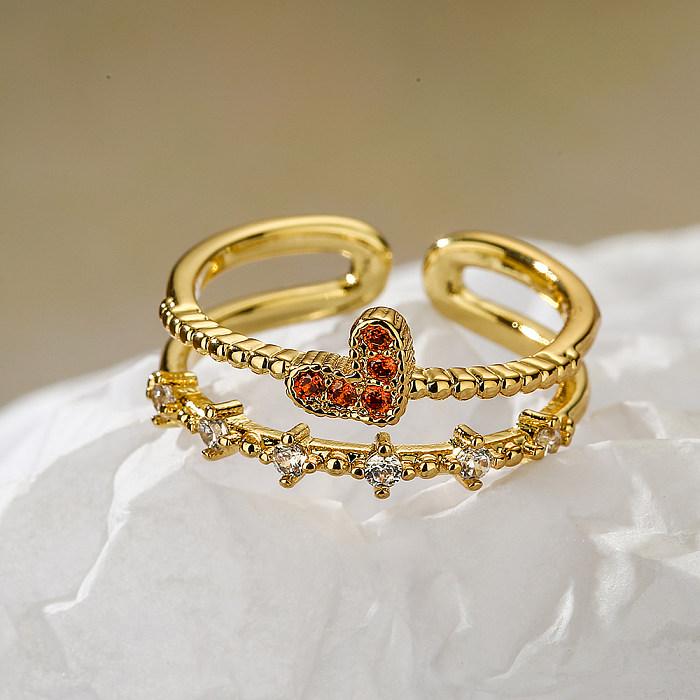 Elegant Heart Shape Crown Copper Plating Inlay Zircon 18K Gold Plated Open Ring