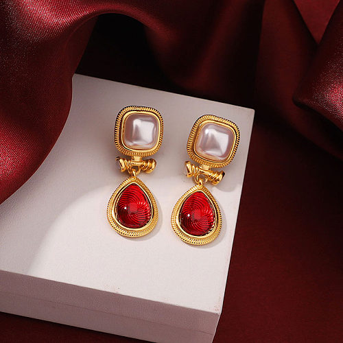 1 Paar Retro-Ohrringe im schlichten Stil mit Wassertropfen, Überzug, Inlay, Kupfer, künstliche Perlen, Glas, 18 Karat vergoldet