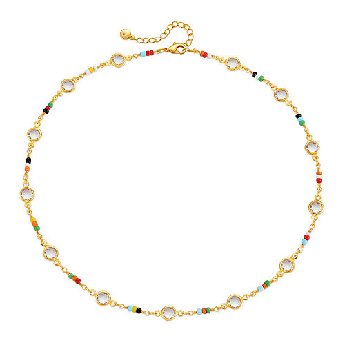 Lässige böhmische Halskette mit runder Kupferperlenbeschichtung und Zirkoneinlage, 18 Karat vergoldet