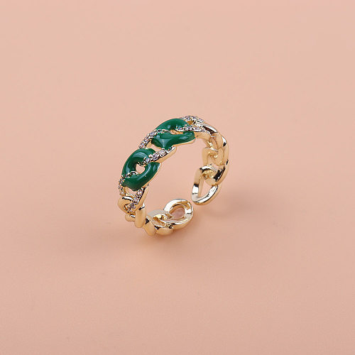 Casual Simple Style Chain Copper Enamel Plating Inlay Zircon Gold Plated Open Ring