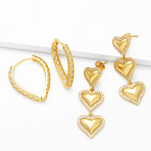 1 paire de boucles d'oreilles pendantes plaquées or 18 carats, Style IG, mode Simple, en forme de cœur, incrustation de cuivre et de Zircon