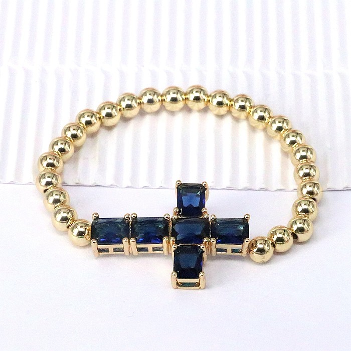 Elegante estilo simples cruz chapeamento de cobre inlay zircão pulseiras banhadas a ouro