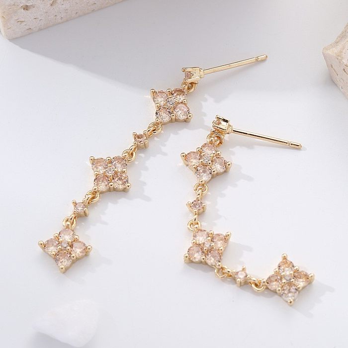 1 paire de boucles d'oreilles pendantes Glam brillantes avec incrustation de placage de fleurs en cuivre et Zircon plaqué or 18 carats