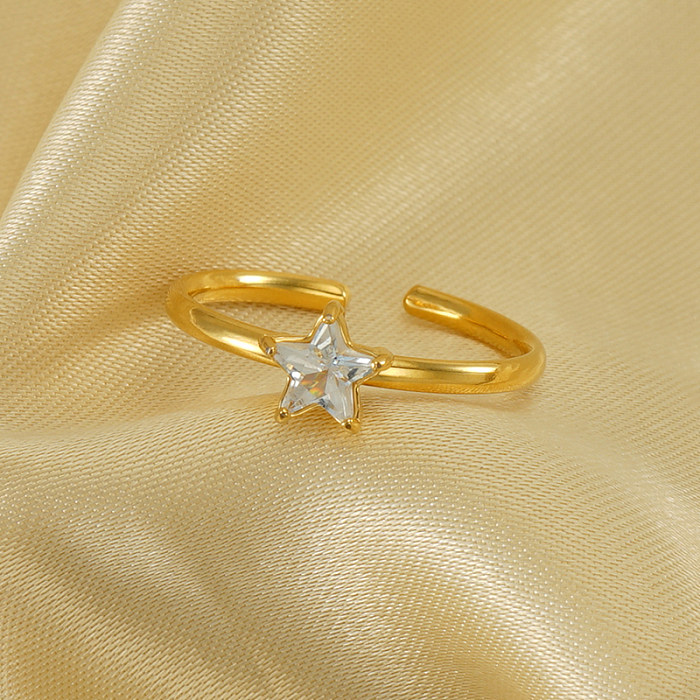 Estilo simples estilo coreano estrela embutimento de aço inoxidável zircão 18K anéis abertos banhados a ouro