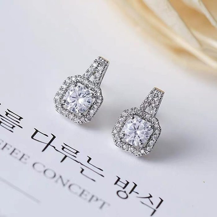 Elegant Square Titanium Steel Inlay Zircon Earrings Necklace