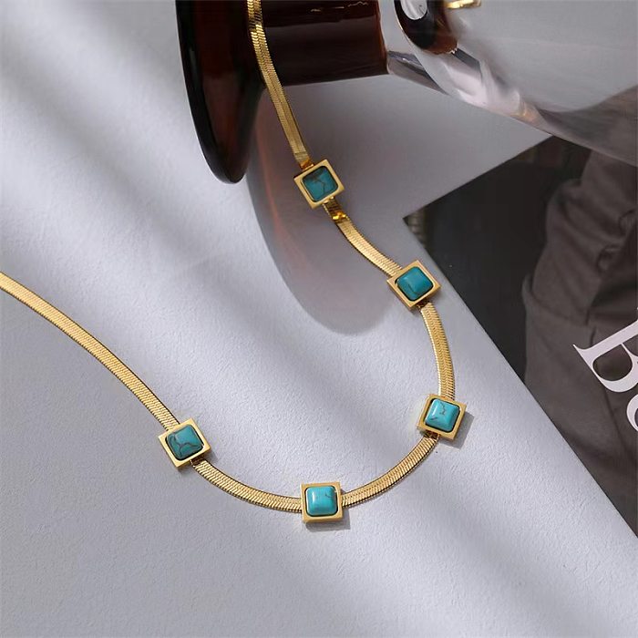 Retro Square Titanium Steel Plating Inlay Turquoise 18K Gold Plated Bracelets Necklace
