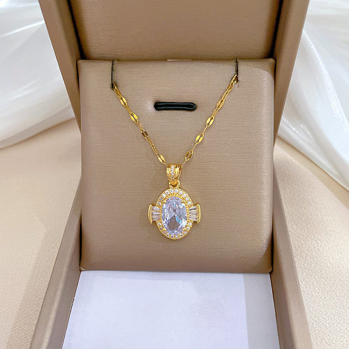 Elegante, luxuriöse, ovale Halskette mit Anhänger aus Titanstahl und Kupfer mit künstlichen Edelsteinen in großen Mengen