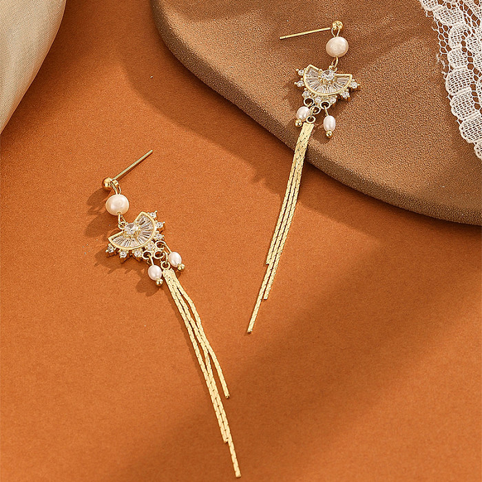 1 Pair Elegant Simple Style Sector Tassel Inlay Freshwater Pearl Copper Zircon Drop Earrings