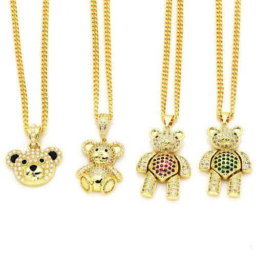 Commute Bear Copper Plating Inlay Rhinestones Gold Plated Pendant Necklace