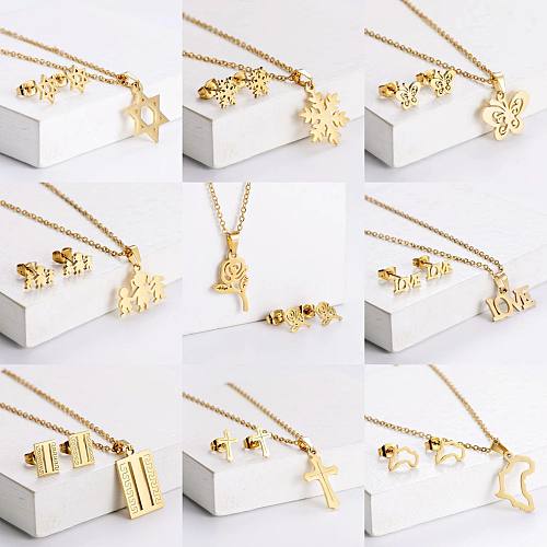 Fashion Geometric Titanium Steel Gold Plated Earrings Necklace