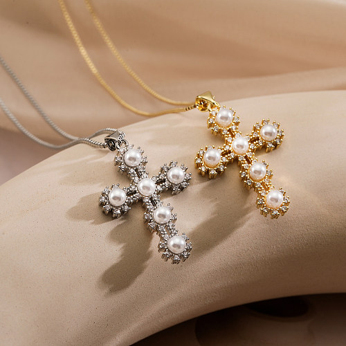 Casual Simple Style Cross Copper Plating Inlay Artificial Pearls Zircon 18K Gold Plated Pendant Necklace