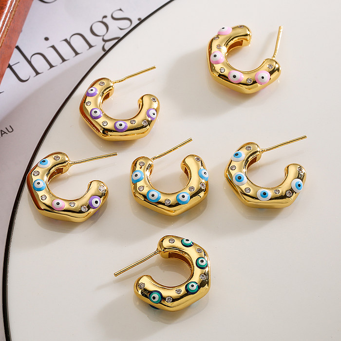 1 Pair Fashion C Shape Devil'S Eye Copper Enamel Inlay Zircon Ear Studs