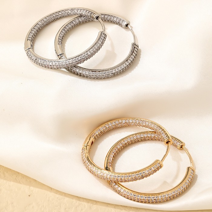 1 Paar lässige, elegante, runde, vergoldete Ohrringe mit Inlay aus Kupfer, Zirkon, Weißgold