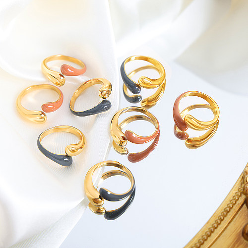 Gotas de água românticas estilo francês esmalte de aço titânio chapeamento anéis abertos banhados a ouro 18K