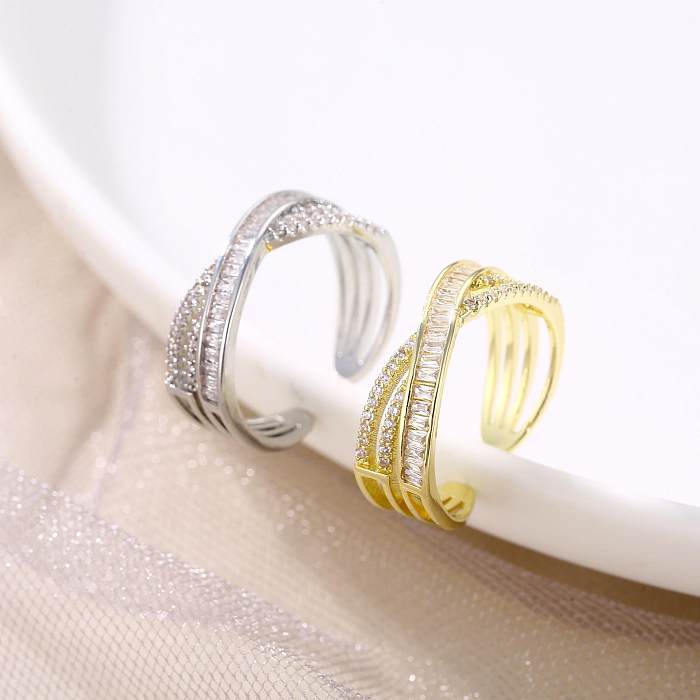 Simple Style Korean Style Geometric Copper Plating Inlay Zircon Open Rings