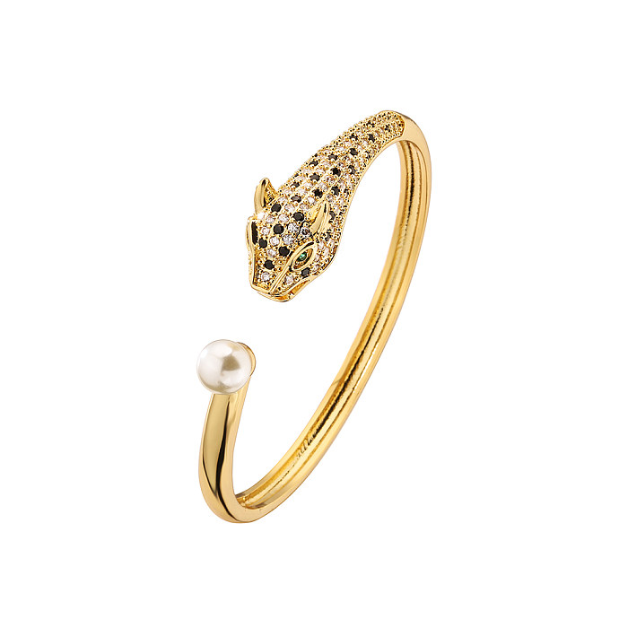 Bracelet en cuivre plaqué or avec perles artificielles, tête de léopard, à la mode, en Zircon