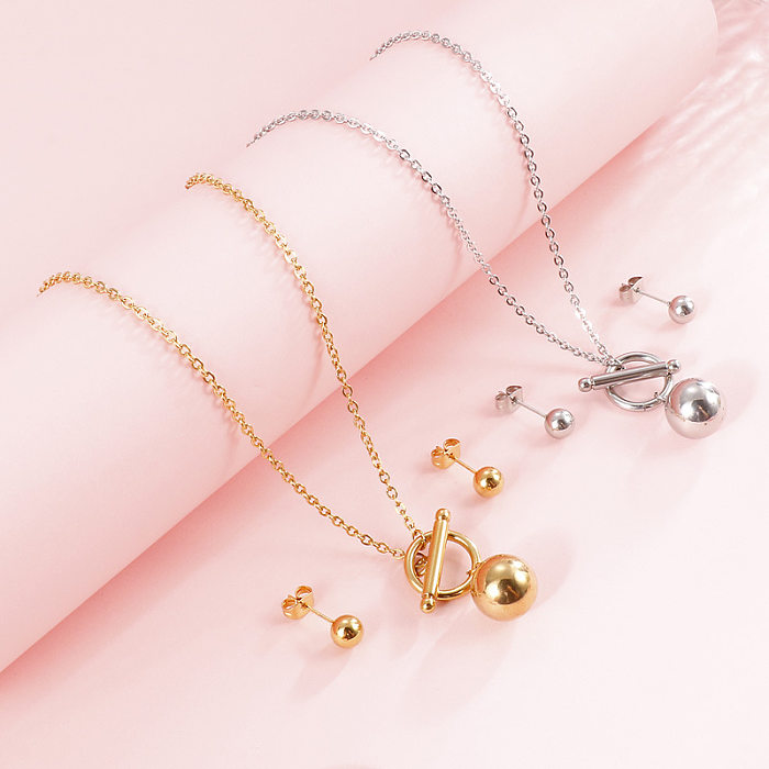 Simples elegante bola dourada ot fivela colar brincos conjunto de aço inoxidável jóias por atacado