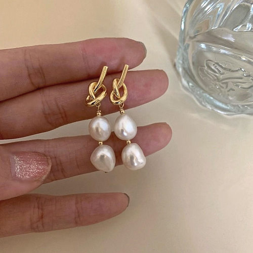 1 Pair Elegant Geometric Copper Inlay Pearl Drop Earrings