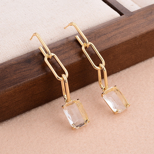 1 paire de boucles d'oreilles pendantes en verre de cuivre, incrustation de placage rectangulaire de Style moderne de Style IG
